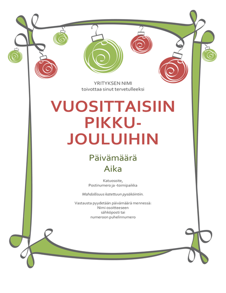 Pikkujoulukutsu, jossa on koristelua ja serpentiinimäinen reunus (epävirallinen malli) Pikkujoulukutsu, jossa on koristelua ja serpentiinimäinen reunus (epävirallinen malli)