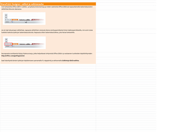 SharePoint Designer 2010: valikko- ja valintanauhakomentojen vastaavuuksien työkirja