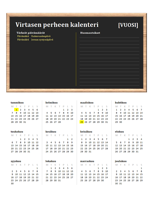 Perheen kalenteri (kaikki vuodet, ma–su)