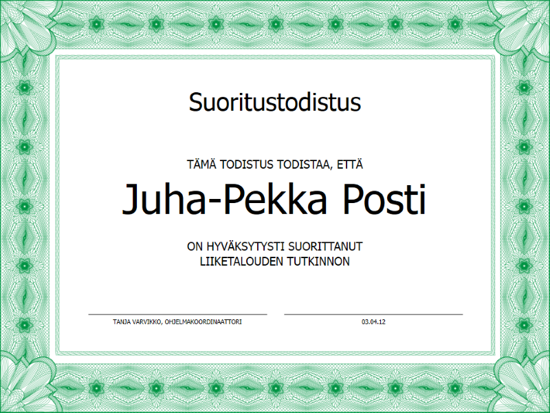 Todistus suorituksesta (vihreä) Todistus suorituksesta (vihreä)