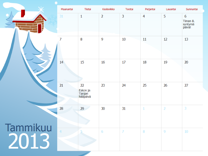Kuvitettu vuodenaikakalenteri 2013, ma-su Kuvitettu vuodenaikakalenteri 2013, ma-su