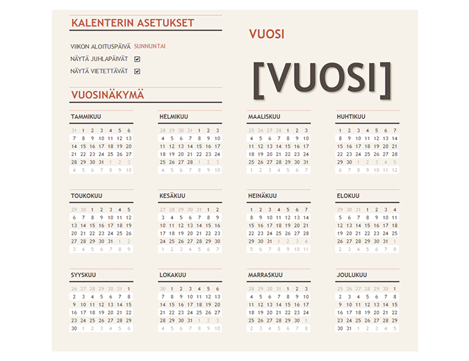 Juhlapäivät sisältävä kalenteri mille tahansa vuodelle