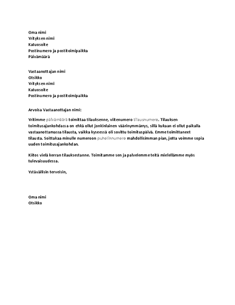 Kirje, jossa asiakkaalle ilmoitetaan toimituksen epäonnistumisesta