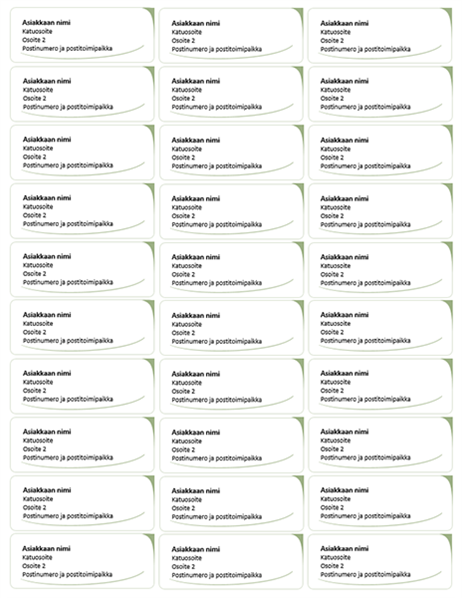 Osoitetarrat (vihreä aaltorakenne, 30 per sivu) Osoitetarrat (vihreä aaltorakenne, 30 per sivu)