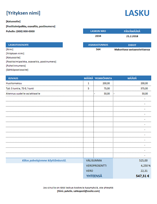 Yksinkertainen huoltolasku Yksinkertainen huoltolasku