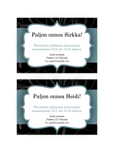 Juhlakutsut (sininen nauha, 2 kutsua yhdellä arkilla) Juhlakutsut (sininen nauha, 2 kutsua yhdellä arkilla)