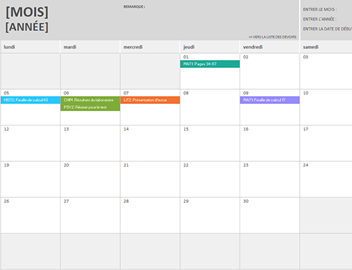 Calendrier de devoirs Calendrier de devoirs