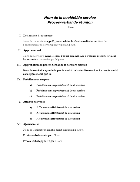 Procès-verbal de réunion formelle Procès-verbal de réunion formelle