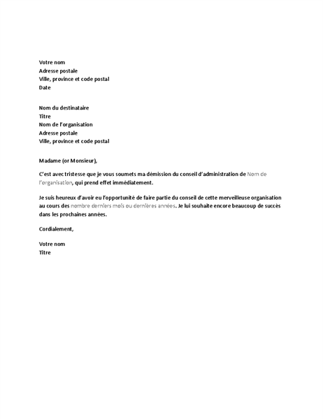 Lettre de démission du conseil d’administration Lettre de démission du conseil d’administration