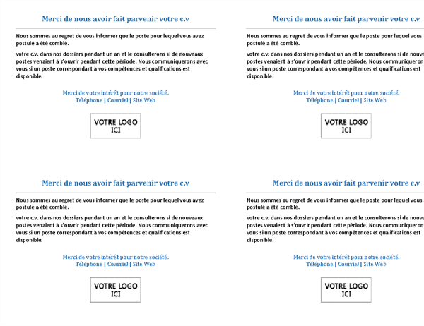 Carte postale pour que les candidats à un emploi lorsque le poste est attribué (4 par page) Carte postale pour que les candidats à un emploi lorsque le poste est attribué (4 par page)