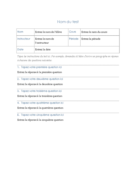 Test avec questions à développer Test avec questions à développer