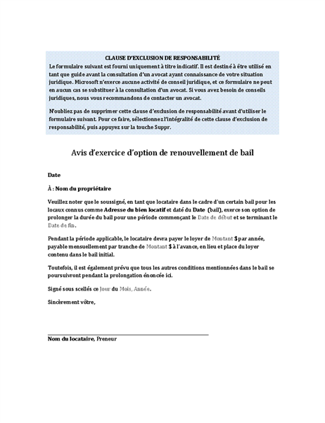 Avis de locataire exerçant une option de renouvellement de bail Avis de locataire exerçant une option de renouvellement de bail