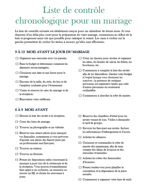 Liste de contrôle chronologique pour un mariage Liste de contrôle chronologique pour un mariage