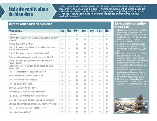 Liste de vérification du bien-être Liste de vérification du bien-être