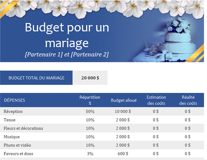 Outil de suivi du budget de mariage Outil de suivi du budget de mariage