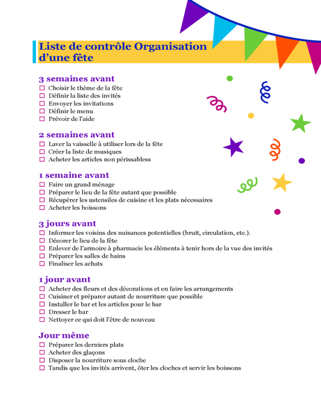 Liste de contrôle Organisation d’une fête Liste de contrôle Organisation d’une fête