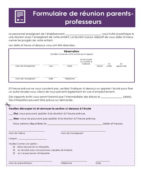 Formulaire Réunion parents-professeurs Formulaire Réunion parents-professeurs