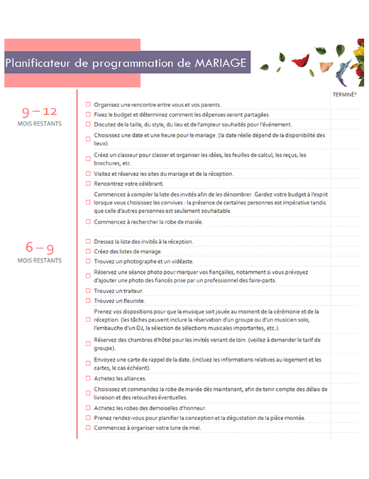 Planificateur de programmation de mariage Planificateur de programmation de mariage