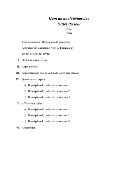 Ordre du jour de réunion formelle Ordre du jour de réunion formelle