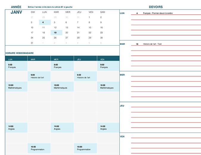 Calendrier étudiant (Lun)