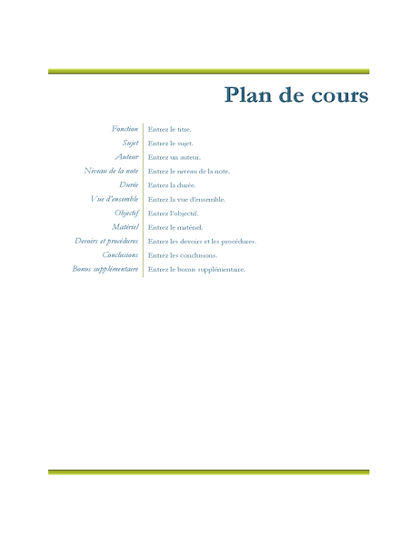 Plan de cours de l’enseignant Plan de cours de l’enseignant