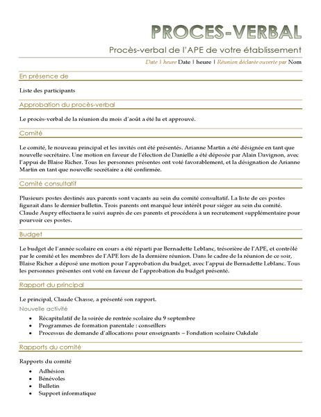 Procès-verbal de réunion d’association de parents d’élèves et d’enseignants (APE) Procès-verbal de réunion d’association de parents d’élèves et d’enseignants (APE)