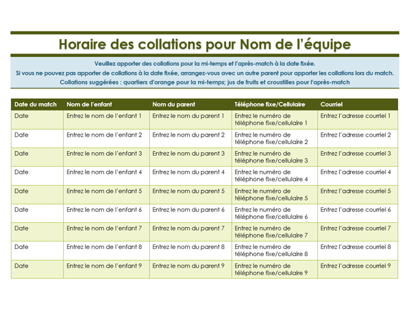 Feuille d’inscription pour les collations dans le cadre d'activités sportives pour les jeunes Feuille d’inscription pour les collations dans le cadre d'activités sportives pour les jeunes