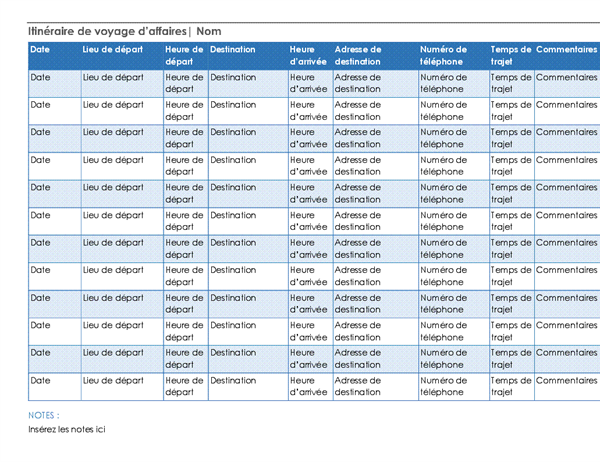 feuille de route voyage d'affaire