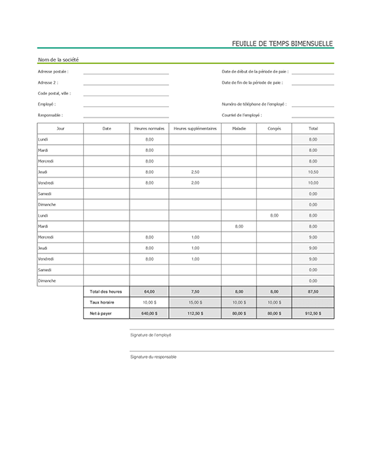 Feuille de temps à la quinzaine avec congé de maladie et congé annuel (comprend des exemples de données) Feuille de temps à la quinzaine avec congé de maladie et congé annuel (comprend des exemples de données)
