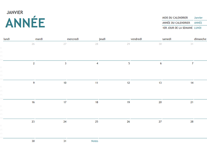 Calendrier d'un mois avec des notes Calendrier d'un mois avec des notes