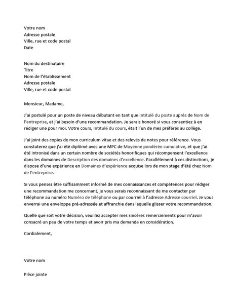 Lettre destinée à un professeur pour solliciter une recommandation d’embauche Lettre destinée à un professeur pour solliciter une recommandation d’embauche