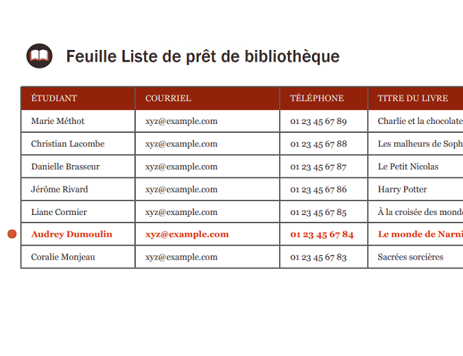 Feuille Liste de prêt de bibliothèque Feuille Liste de prêt de bibliothèque