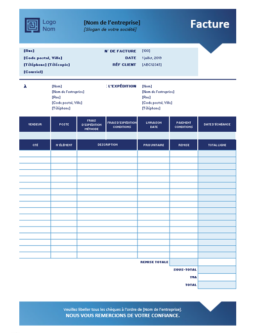 Facture de vente (modèle avec dégradé de bleus)