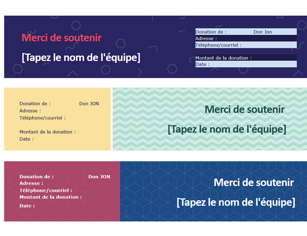 Reçu de collecte de fonds d'équipe (3 par page) Reçu de collecte de fonds d'équipe (3 par page)