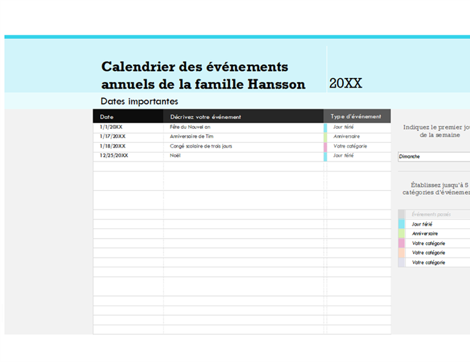 Calendrier des événements pour la famille Calendrier des événements pour la famille