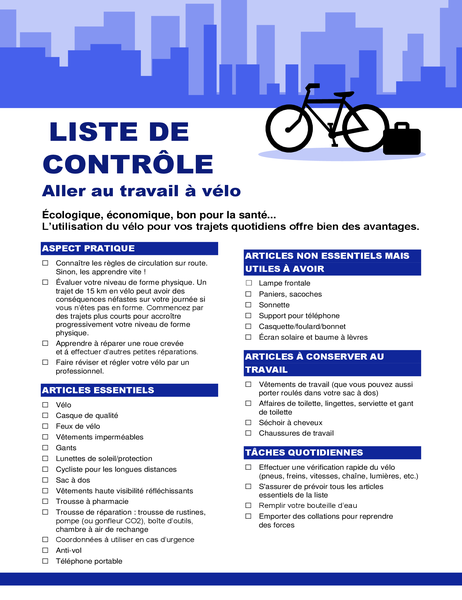 Liste de contrôle Trajets domicile-travail à vélo Liste de contrôle Trajets domicile-travail à vélo