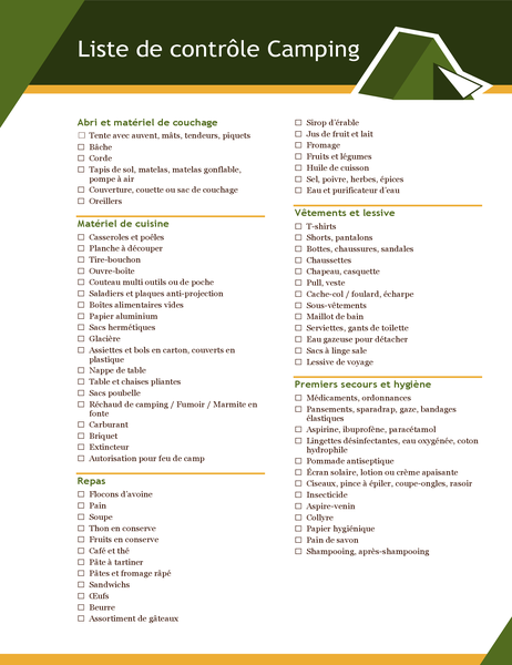 Liste de contrôle Camping Liste de contrôle Camping