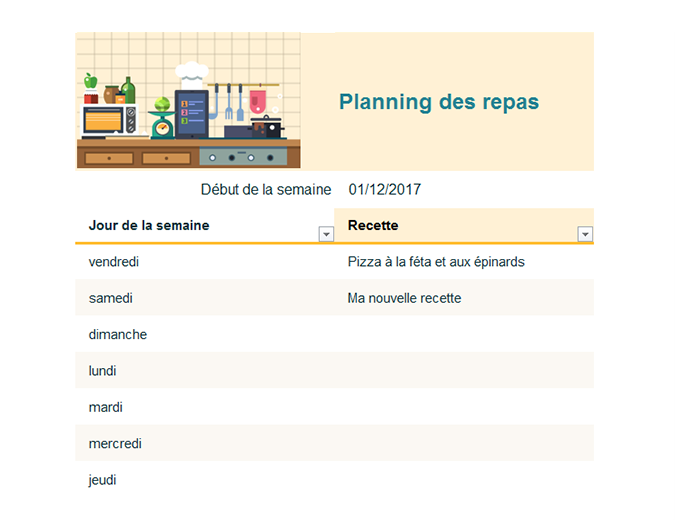 Planificateur de repas hebdomadaire Planificateur de repas hebdomadaire