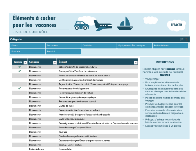 Liste de contrôle « vacances » Liste de contrôle « vacances »