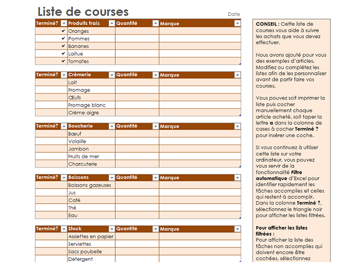 Liste de courses avec espace pour la marque