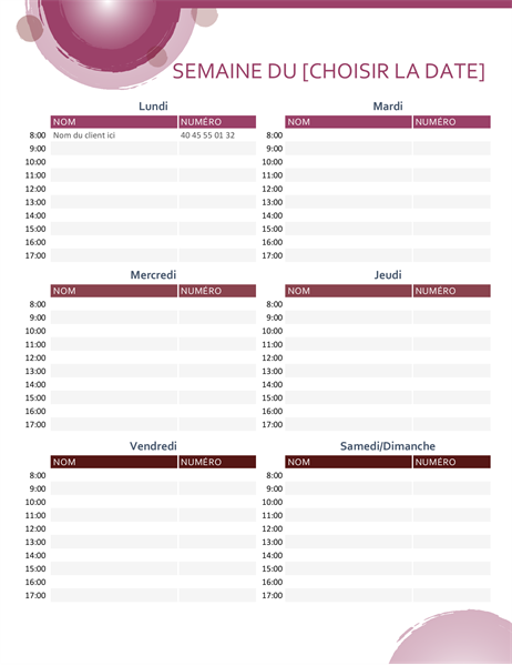 Calendrier des rendez-vous Suite rose Calendrier des rendez-vous Suite rose