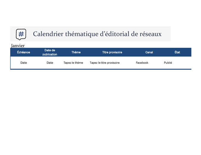 Calendrier thématique d’éditorial de réseaux sociaux Calendrier thématique d’éditorial de réseaux sociaux