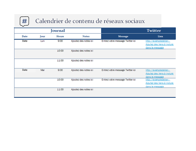 Calendrier de contenu de réseaux sociaux Calendrier de contenu de réseaux sociaux