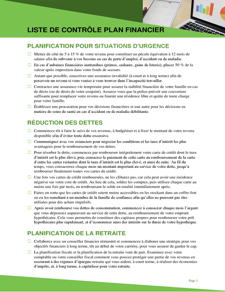Liste de contrôle de plan financier Liste de contrôle de plan financier