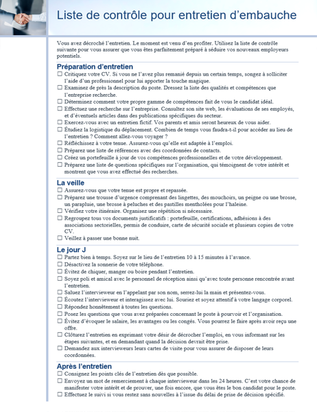 Liste de contrôle pour entretien d’embauche Liste de contrôle pour entretien d’embauche