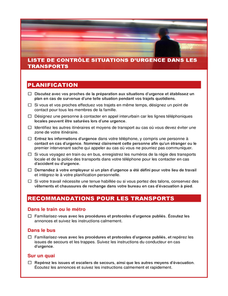Liste de contrôle Situations d’urgence dans les transports Liste de contrôle Situations d’urgence dans les transports