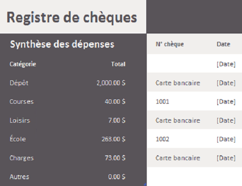 Registre de chèques Registre de chèques