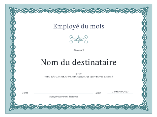 Certificat pour l’employé du mois (chaîne bleue) Certificat pour l’employé du mois (chaîne bleue)