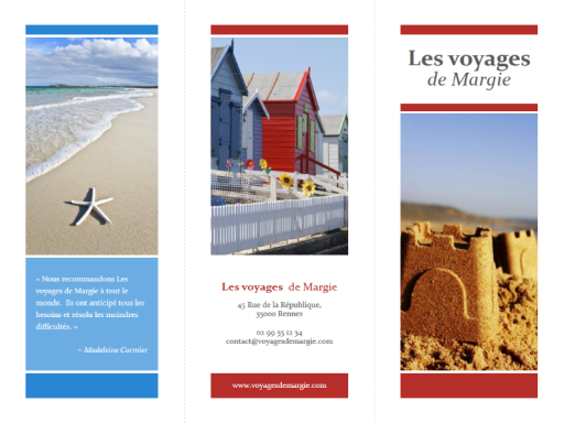 Brochure de voyage en trois parties (rouge, or et bleu)