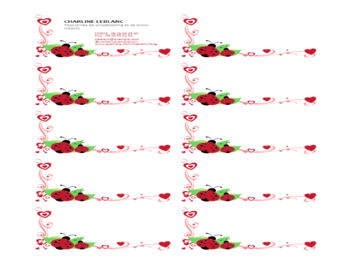 Cartes de visite (coccinelles et cœurs, alignées à gauche, 10 par page) Cartes de visite (coccinelles et cœurs, alignées à gauche, 10 par page)